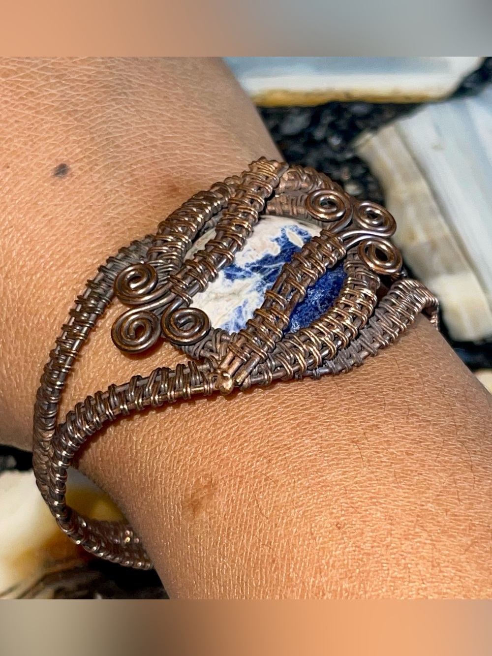 Navy Sodalite in Copper Wire- Wrapped Stretchable Bracelet’s  Link: 6”-7”